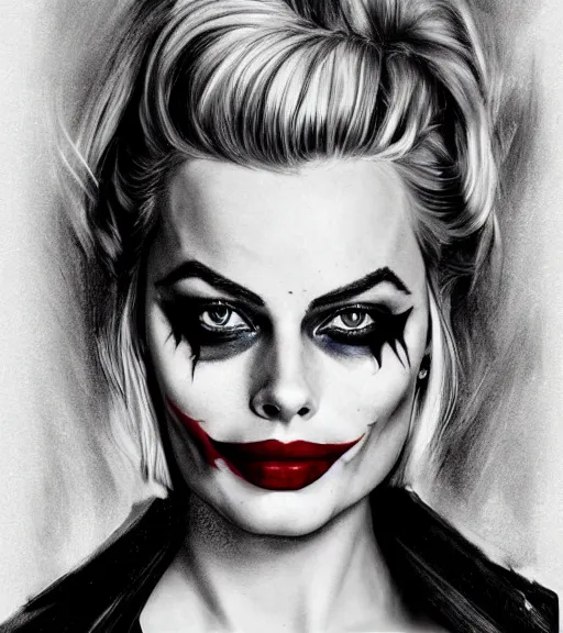 Prompt: tattoo design sketch of beautiful margot robbie portrait with joker makeup, in the style of den yakovlev, realistic face, black and white, faded edges, realism tattoo, hyper realistic, highly detailed