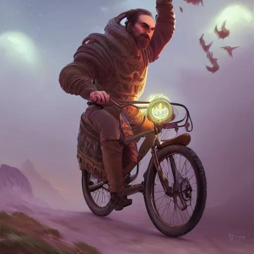 Prompt: man with receding hairline riding bike, intricate, elegant, highly detailed, digital painting, artstation, concept art, matte, illustration, hearthstone, art by artgerm and greg rutkowski and alphonse mucha, simon stalenhag, hyperreal