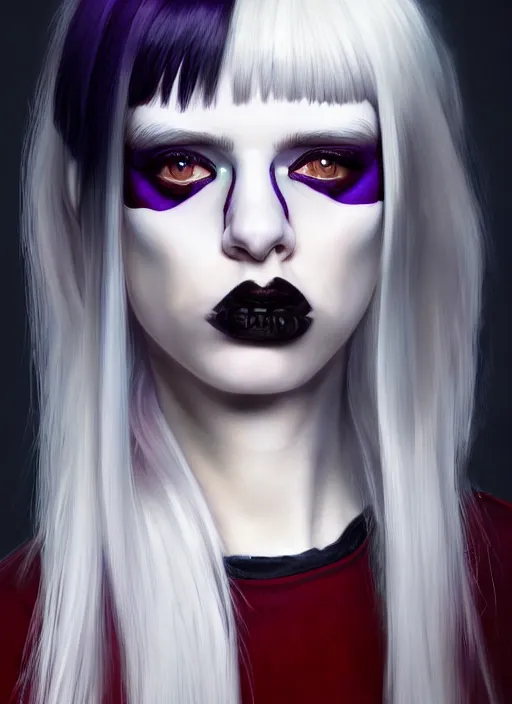 Image similar to portrait of white teenage girl, normal face, white bangs, mall goth, cyberlox, black and white hair, bangs, fluffy bangs, red contact lenses, purple lipstick, intricate, elegant, highly detailed, digital painting, artstation, concept art, sharp focus, smooth, illustration, art by wlop, mars ravelo and greg rutkowski