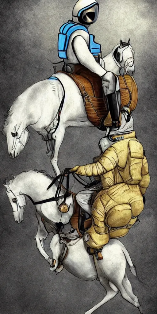 Image similar to a horse riding an astronaut.