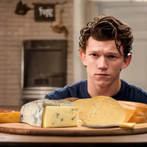 Image similar to sad tom holland holding a wallet full of cheese