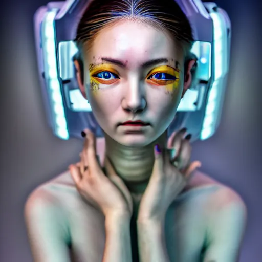 Prompt: hyperrealism aesthetic photography in araki nobuyoshi style quntum computer simulation visualisation of parallel universe cyberpunk scene with beautiful detailed ukrainian woman with detailed face and perfect eyes wearing ukrainian traditional shirt and wearing retrofuturistic sci - fi neural interface designed by josan gonzalez. hyperrealism photo on pentax 6 7, by giorgio de chirico volumetric natural light rendered in blender