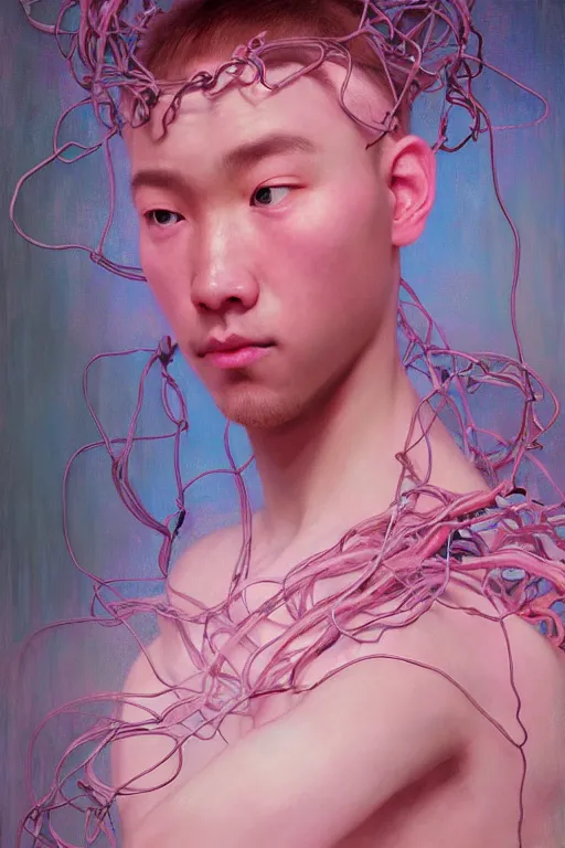 Image similar to hyperrealist portrait of elijah zu bailey, pink, it is decorated with long wires that fall like vines and wears small computers over their body. by jeremy mann and alphonse mucha, fantasy art, photo realistic, dynamic lighting, artstation, poster, volumetric lighting, very detailed faces, 4 k, award winning