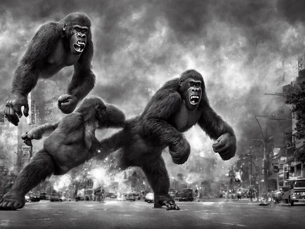 Image similar to An king Kong rage on street, Hollywood scene , cinematic , 2012, end of the world movie , full color