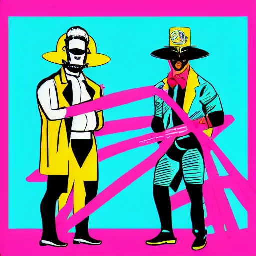 Image similar to Miami Vice themed luchador event on the Golden Gate Bridge; Luchador costume; miami Vice; colors; graphic art; vector graphics; masterpiece illustration comic