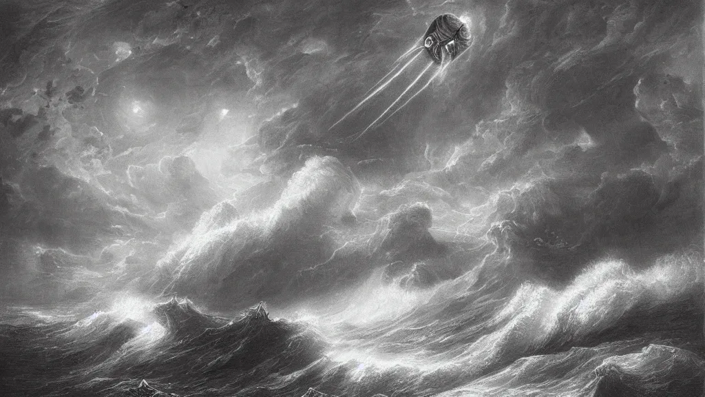 Image similar to drawing of an alien spacecraft flying above a stormy ocean, by gustave dore, nineteenth century, black and white, vintage, science fiction, epic composition, dramatic lighting, highly detailed, cinematic