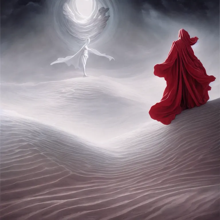 Image similar to one lone singular swirling otherworldly angelic figure shrouded in red robes emerges from extensive barren white dunescape, matte painting by peter mohrbacher and filip hodas, background basilica sacre coeur, godrays, high contrast, highly detailed, a