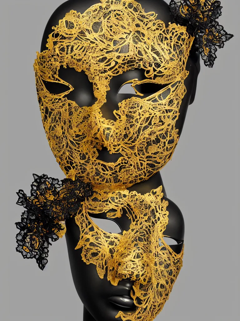 Prompt: a beautifully sculpted mannequin made of onyx with gold lace masquerade face mask, serene desert setting, kintsugi, innovative avant - garde art, photorealistic portrait, crisp quality and light reflections, clean linework, finely detailed, confident, ornamented, opulent, 4 k, rule of thirds, trending on artstation, volumetric lighting, octane render