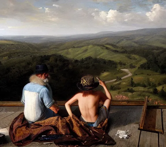 Image similar to landscape portrait of a couple sitting on a roof, looking over west virginia, smoking cigarettes, by william sidney mount, trending on artstation