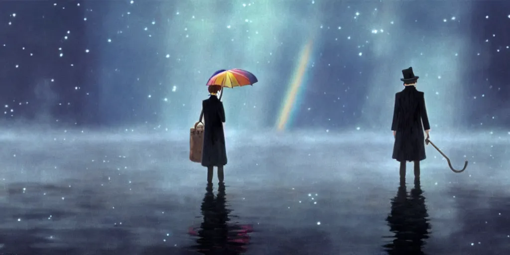 Image similar to a realistic and atmospheric cell - shaded concept art from howl's moving castle ( 2 0 0 4 ) of a rainbow colored ufo landing on the ground. a man with an umbrella is standing in a flooded parking lot. it is a misty starry night. very dull muted colors, hd, 4 k, hq