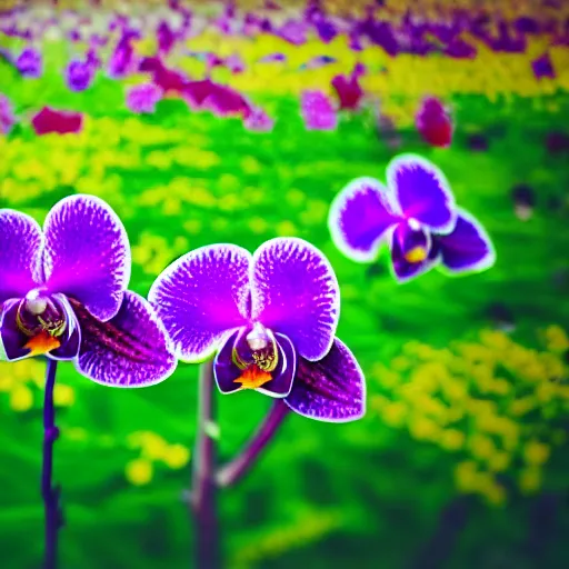 Prompt: Colorful orchid flower blossoming in field of flowers, climax, overwhelming, brilliant, cinematic, epic, 8k, sharp focus, color grain 35mm, tilt-shift, dslr, high detail