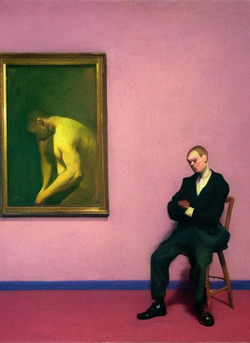 Prompt: portrait of a man who stares intently, very thoughtful, yet playful, but he can't do it, because he's not sugary, highly detailed oil painting, by francis bacon, edward hopper, adrian ghenie, glenn brown, soft light 4 k, pink and green colour palette, cinematic composition, cinematic lighting, high quality octane render, masterpiece