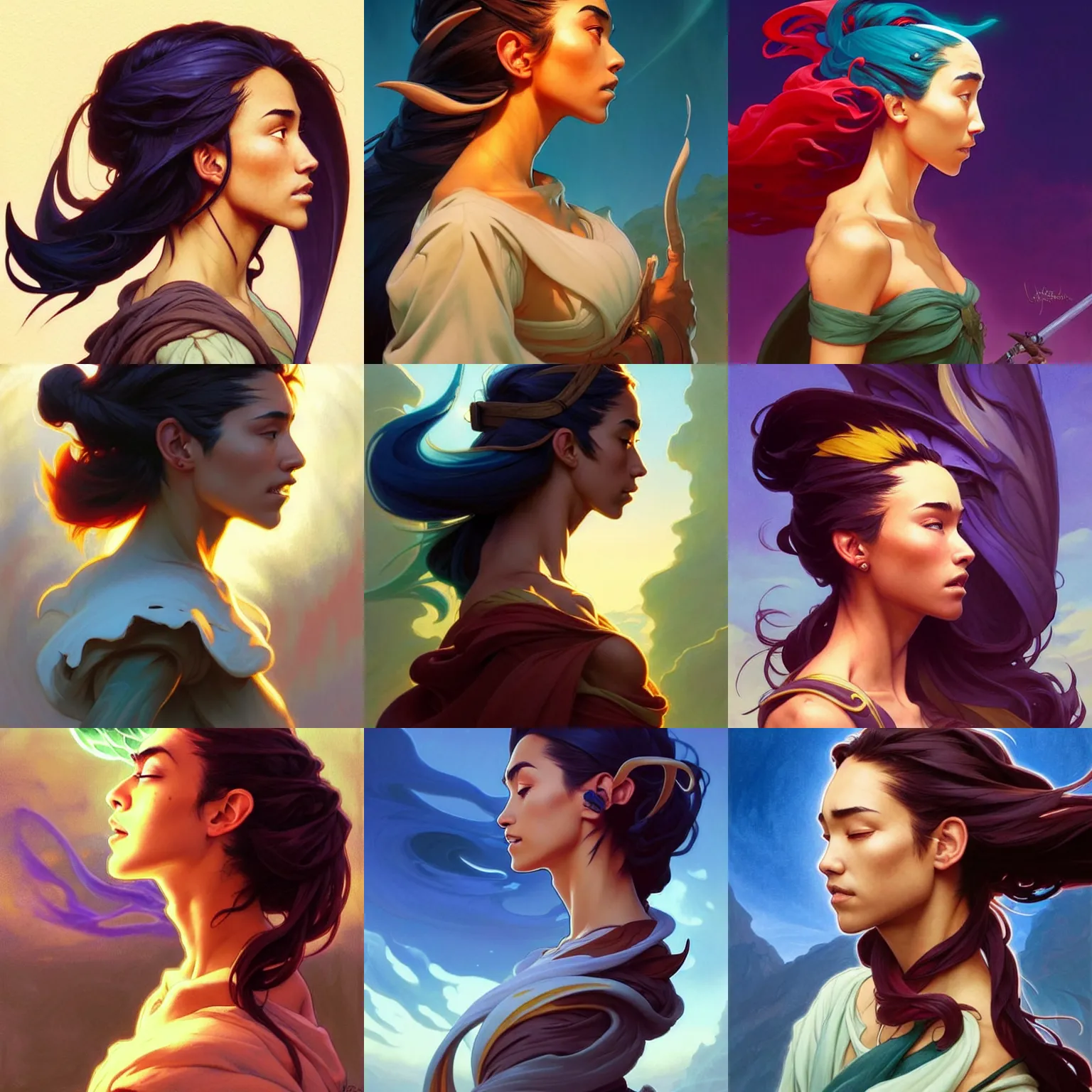 Prompt: side profile centered painted portrait, Adrianne Ho as a wind sorcerer, D&D, cell-shaded, matte painting concept art, bright backlit, official fanart, 4k, Pinterest, by Jesper Ejsing and RHADS and Alphonse Mucha - H 704