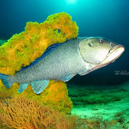 Image similar to incredibly detailed atlantic cod, wide angle shot, backlit, very realistic, underwater, beautiful photo, national geographical, underwater photography, gopro,