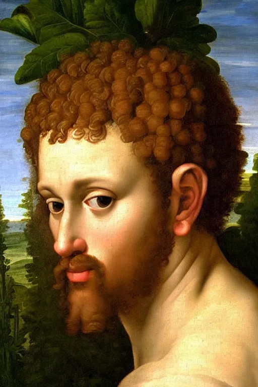 Image similar to renaissance painting of man, portrait, suspicious face closeup, emotions closeup, dressed in roman clothes, the beautiful garden with blueberries bushes everywhere, ultra detailed, art by guido reni style, vincenzo catena style