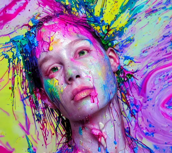 Image similar to still shot footage of a portrait of a female angel's head morphs into acrylic pour and coloured powder explosion and splashing paint and dripping paint and flying paint chunks, closing eyes, motion blur, hyperrealistic, medical, intricate art photography, hyperrealistic, anatomically correct, realistic crisp textures, 1 6 k