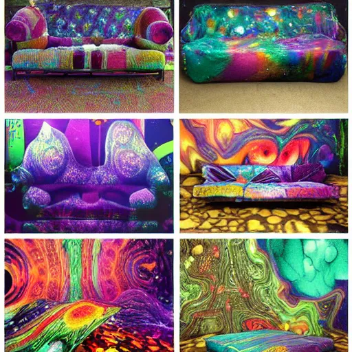 Image similar to psychedelic trippy couch in forest, planets, milky way, sofa, cartoon world, donserly brothers vs. the beef sisters, chesterfield, green, purple, blue, fight night