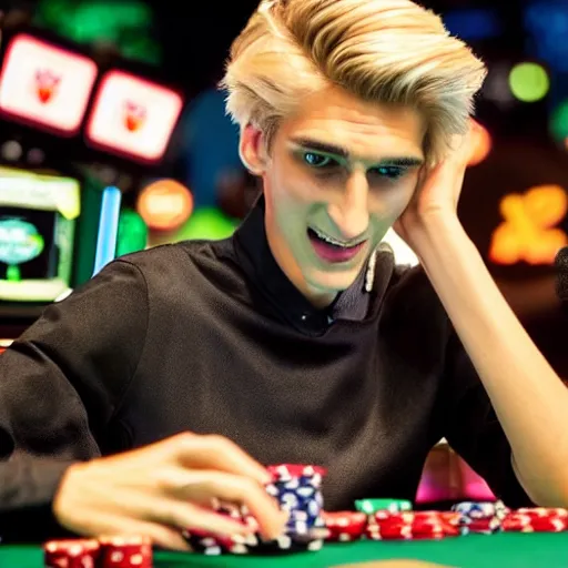 Image similar to closeup of handsome gigachad XQC gambling