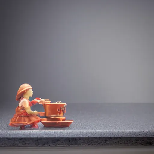 Image similar to macro photography focused on a miniature figure on a countertop. The background is the rest of the kitchen. The mid ground is a dramatic highway bridge that connects the vintage fridge to the counter. Award winning photo.