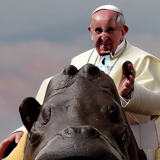Prompt: pope francis rides a hippo against the army of mordor, ultra realistic