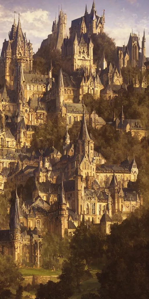 Image similar to medieval gothic city with castle on top of the hill, symetrical, very detailed, beautiful, intricate, cinematic, artstation, william bouguereau, alphonse mucha, greg rutkowski, highly detailed 4 k art, sharp focus, smooth, hd