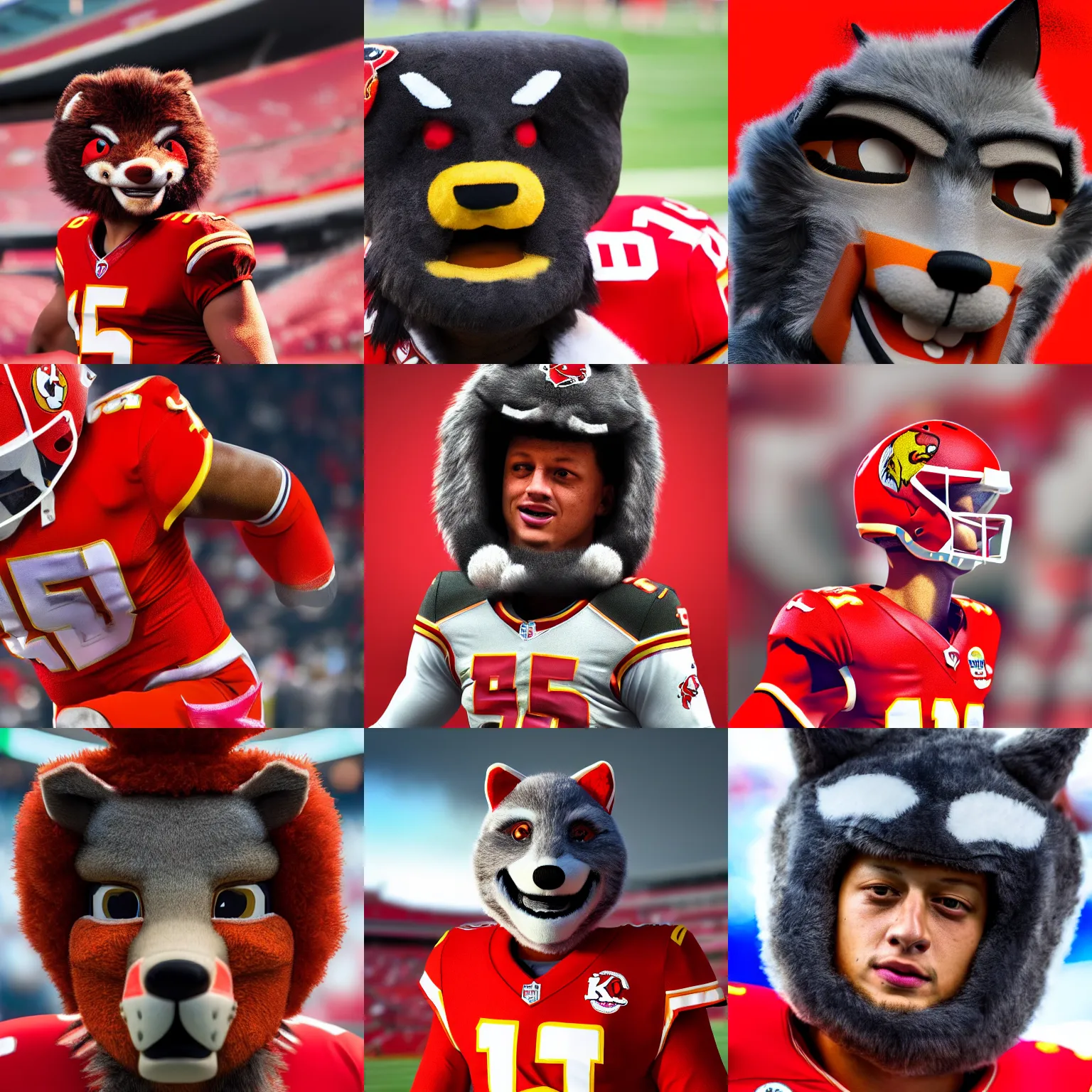 Prompt: a closeup photorealistic photograph of Patrick Mahomes dressed in the KC Wolf mascot costume at Arrowhead Stadium. This 4K HD image is Trending on Artstation, featured on Behance, well-rendered, extra crisp, features intricate detail and the style of Unreal Engine.