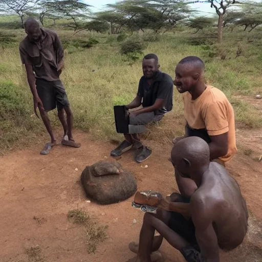 Image similar to modern researchers meeting homo erectus in the wild, east african plains, modern human meeting archaic human, scientists, award - winning photograph