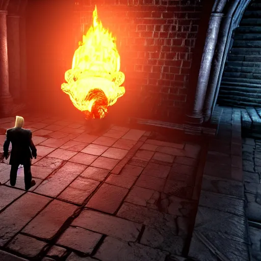 Prompt: donald trump in dark souls, sen's fortress, ps 5 screenshot, isometric view, third person gameplay, 3 d render, cryengine, highly detailed