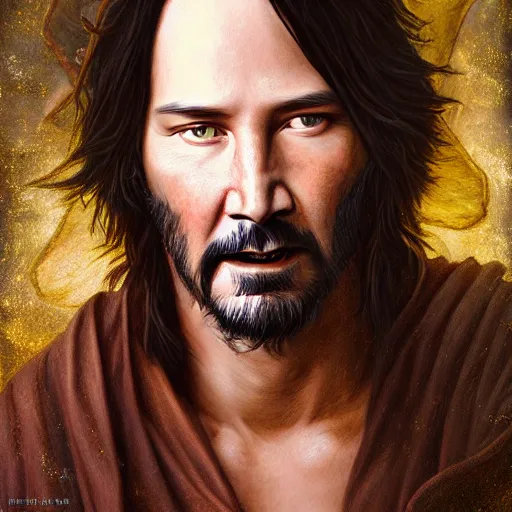 Prompt: a detailed fantasy character painting of Keanu Reeves dressed like Jesus Christ, by lauri blank, artgerm, evelyn de morgan, 8K, 50mm lens