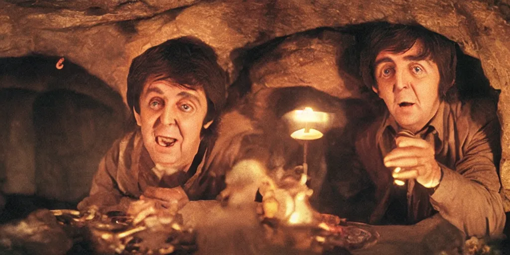Prompt: A full color still of 30 year old Paul McCartney holding a small ring, dressed as a hobbit inside his house at night with firelight, directed by Stanley Kubrick, 35mm, 1970