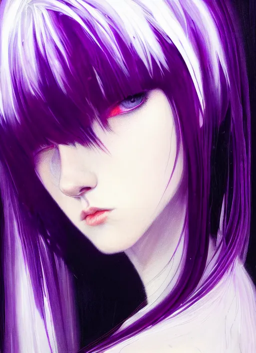 Image similar to portrait of teenage girl, red irises, bangs, black and white hair, white bangs, purple clothes, white bangs, two color hair, black hair and white bangs, intricate, elegant, glowing lights, highly detailed, digital painting, artstation, concept art, smooth, sharp focus, illustration, art by wlop, mars ravelo and greg rutkowski