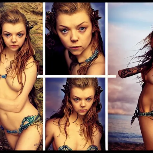 Image similar to natalie dormer as water goddess, beautiful tattoos tiny bikini and miniskirt, highly detailed award winning fantasy photography, d & d, backlit with colorful highlights