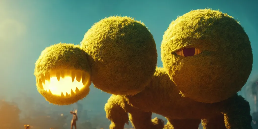 Prompt: a cinematic poster photo of 8 k ultra realistic monster that is a tennis ball monster, exotic, cinematic lighting, trending on artstation, 4 k, hyperrealistic, focused, high details, unreal engine 5, cinematic,, 3 d render by beeple