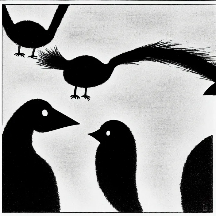 Image similar to a still frame from comic strip, black fluffy hairy bird 1 9 5 0, hasui kawase, new yorker illustration, monochrome bw, lineart, manga, tadanori yokoo, simplified,