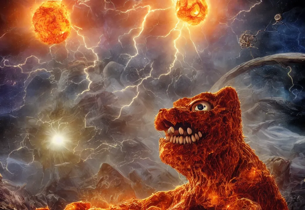 Image similar to eldritch horror bloody garfield in space, hd, 8 k, giant, epic, realistic photo, unreal engine, prophecy, powerful, cinematic lighting, destroyed planet, debris, violent, sinister, ray tracing, dynamic, epic composition, dark, horrific, teeth, grotesque, monochrome drawing, hellscape, corpses, foreboding, lightning, garfield cartoon eyes