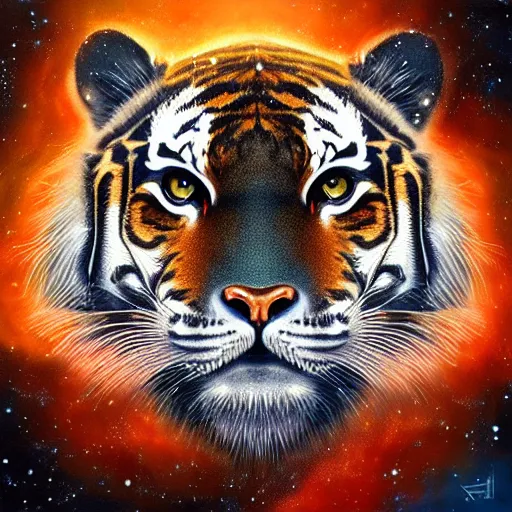 Image similar to geometric symmetrical tiger with galaxy eyes in space, nebula in the background, intricate, elegant, highly detailed, digital painting, artstation, concept art, smooth, sharp focus, illustration, art by artgerm