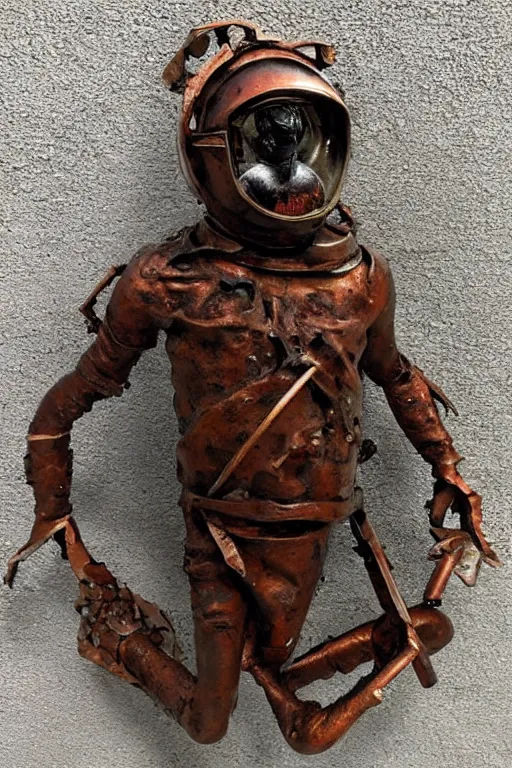 Prompt: a beautiful metal rust realistic sculpture of a cosmonaut falling into the abyss by louis sullivan, dark background