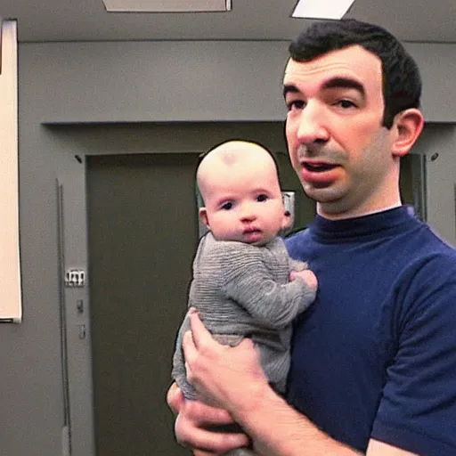 Prompt: cctv of Nathan fielder holding a baby