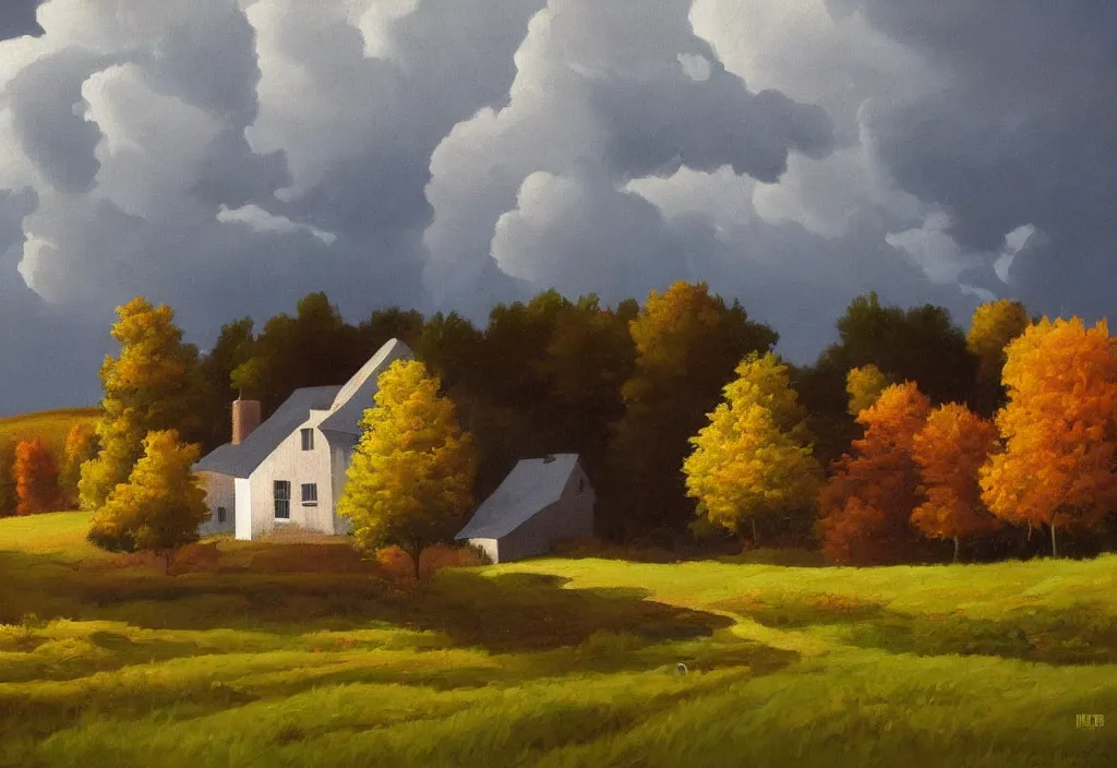 Prompt: a landscape painting of an old farm house in the countryside, autumn, painting by kenton nelson, late dusk light, storm clouds in the distance, leaves blowing in the wind with light rain