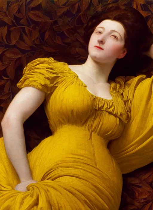 Image similar to masterpiece portrait of lady reclining on bed wearing yellow ochre ornate medieval dress, vertical, foreshortening, colour photography by frederic leighton, william morris, 8 k