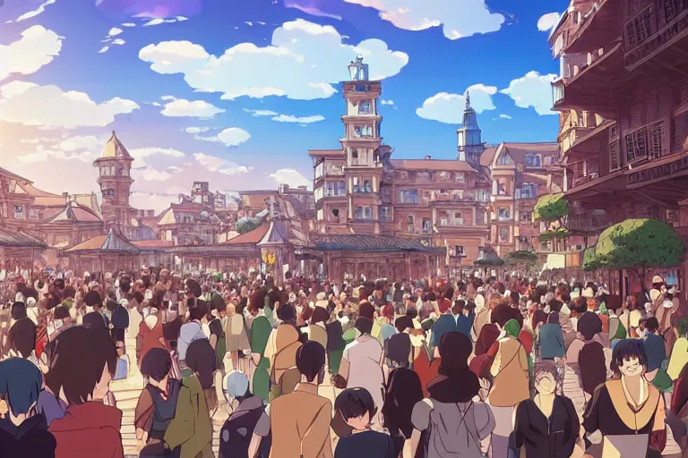 Image similar to cell shaded anime key visual of a renaissance city square, crowds of people, in the style of studio ghibli, moebius, makoto shinkai, dramatic lighting