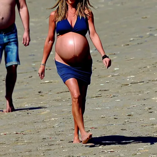 Image similar to Pregnant Jennifer Aniston walking on the beach, paparazzi photograph