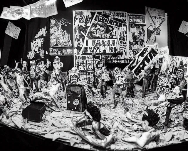 Prompt: paper mache diorama of a stage at a club, punk fanzine, centered, by Terry Richardson, 8k, black flag concert documentary, b&w photography, cinematography by Jim Jarmusch