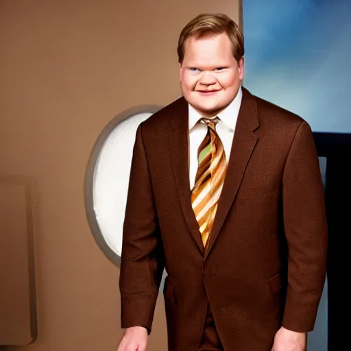 Image similar to Andy Richter is wearing a chocolate brown suit and necktie and stepping out from inside a refrigerator.
