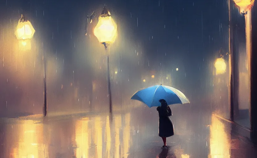 Prompt: a character holding an umbrella on rainy night on a lonely street by atey ghailan, trending on artstation