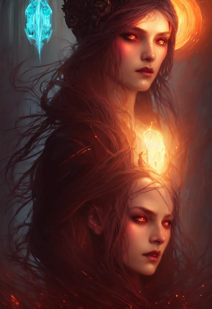 Image similar to Necromancer Sorceress face in center, fantasy magic, undercut hairstyle, dark light night, intricate, elegant, sharp focus, illustration, highly detailed, digital painting, concept art, matte, art by WLOP and Artgerm and Greg Rutkowski and Alphonse Mucha, masterpiece