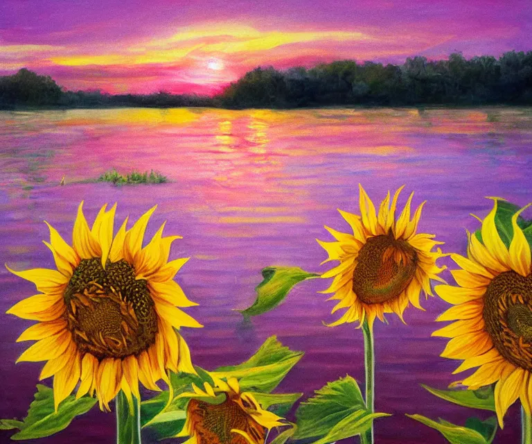 Prompt: sunflowers in the water, william henrits, hovik zohraybyan, water painting, bright colors, pink skies, sunrise, peaceful, serene, joy