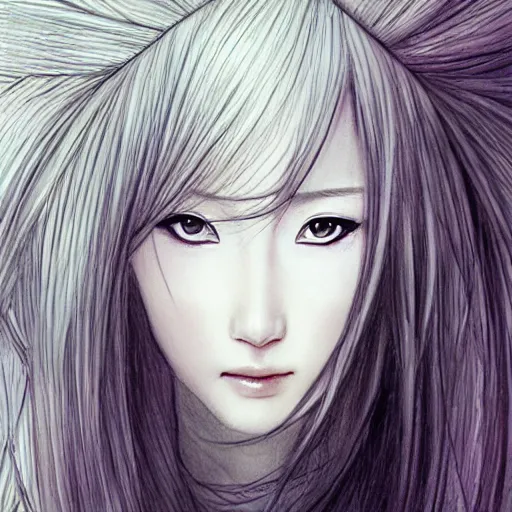 Prompt: a drawing of a woman looks like chinese actress fan b ingbing, with long white hair, a character portrait by yoshitaka amano, featured on pixiv, fantasy art, official art, androgynous, anime
