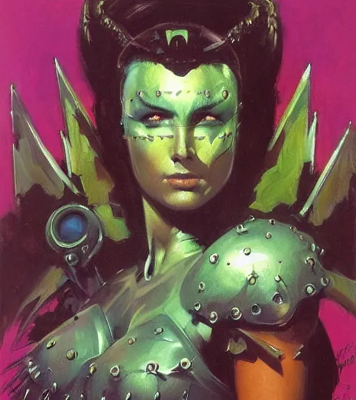 Image similar to portrait of strong female chaos angel, beautiful! coherent! by frank frazetta, by brom, strong line, vivid neon color, spiked metal armor, iron helmet maximalist