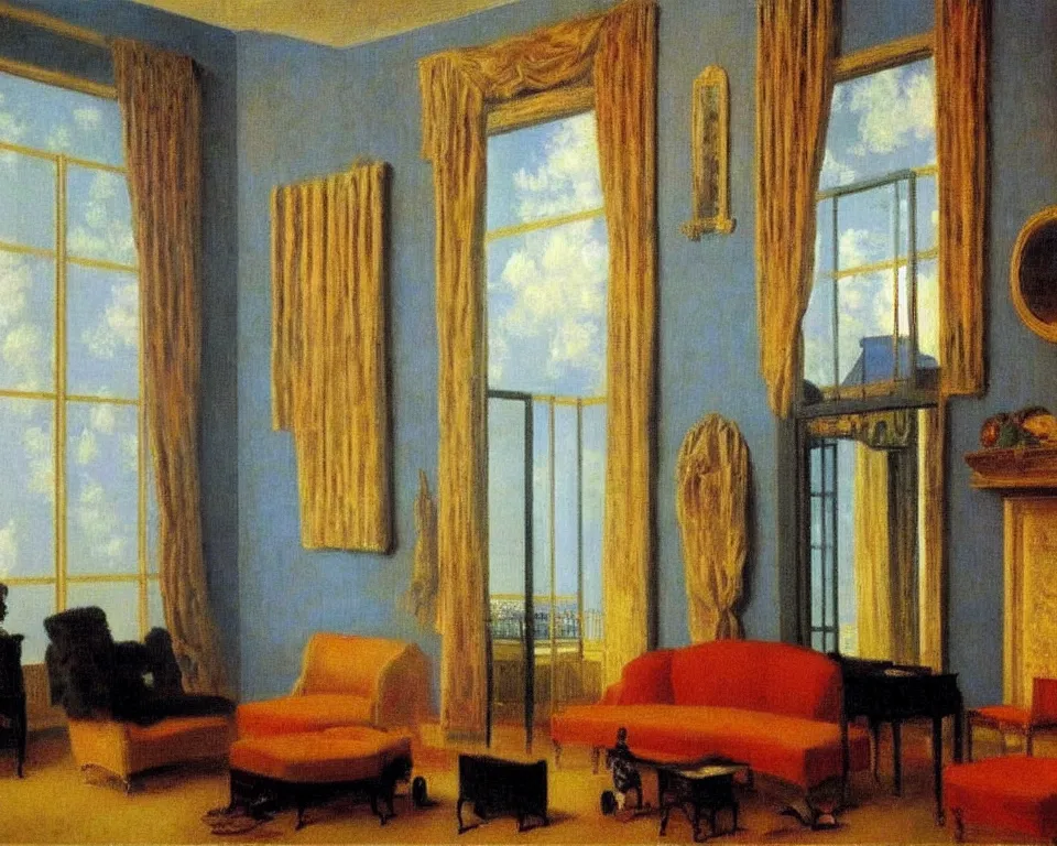 Image similar to achingly beautiful painting of a sophisticated, well - decorated, modern parlor by rene magritte, monet, and turner. whimsical.